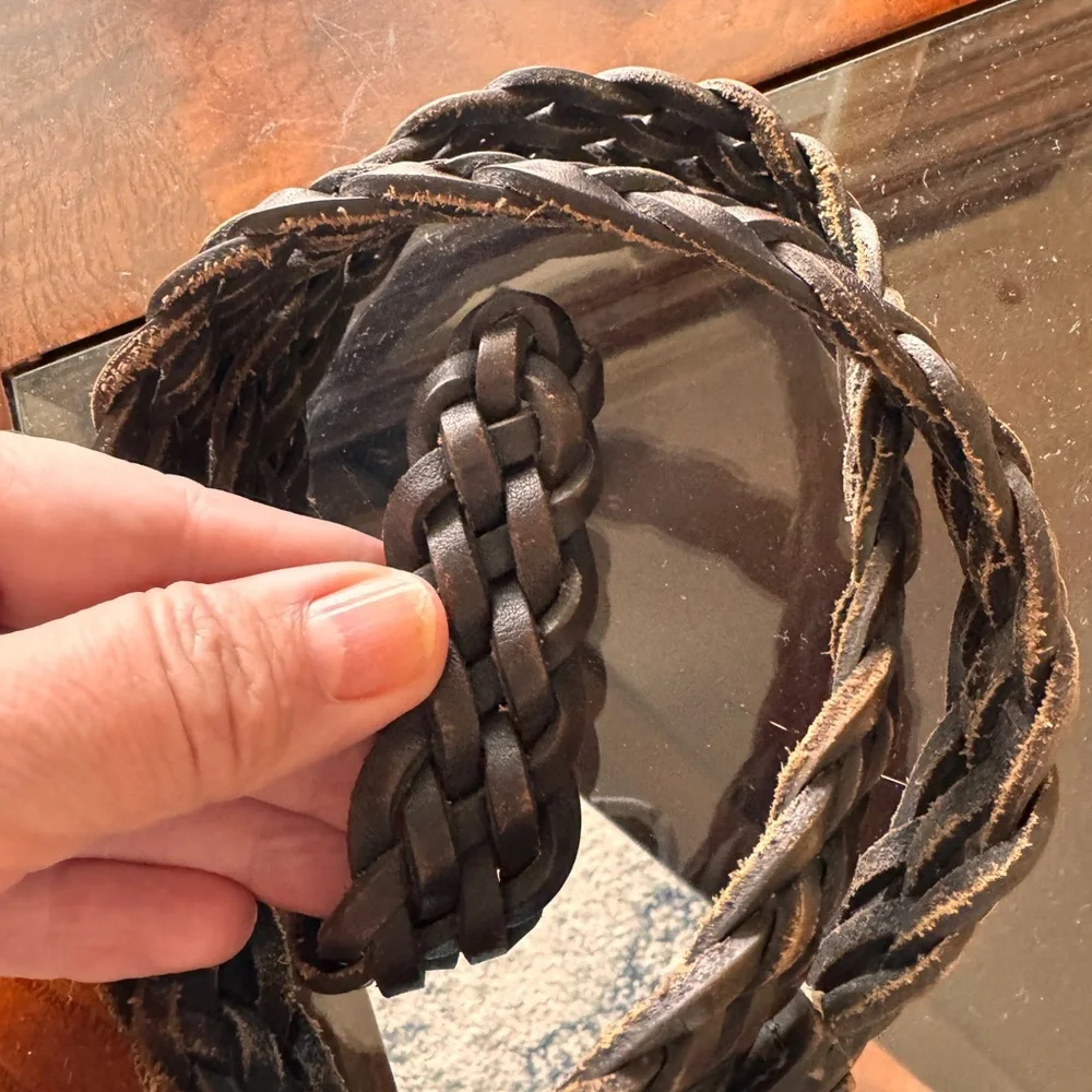 Brown Braided Leather Belt with Silver Buckle 34” including buckle